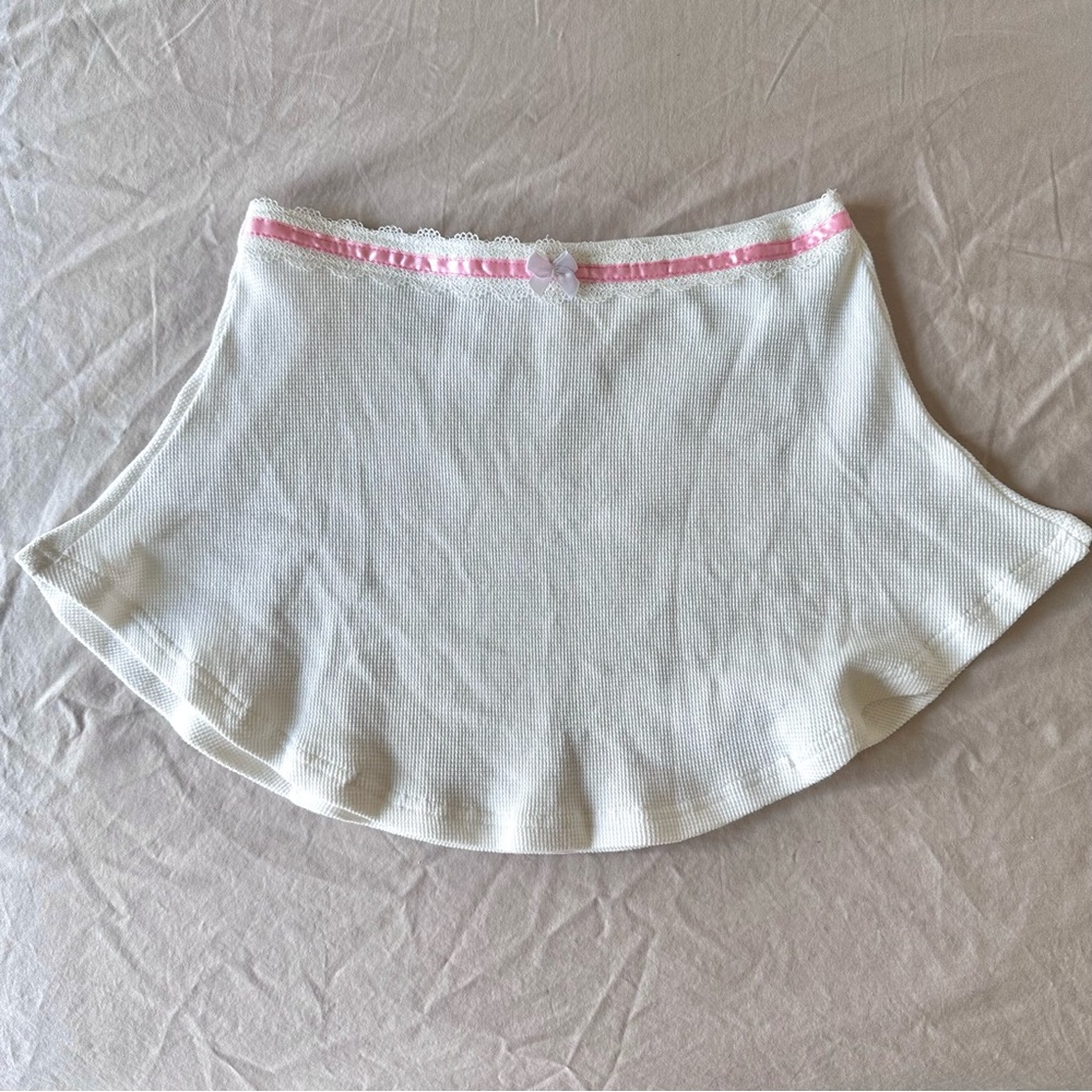 Coquette mini skirt with white lace pink satin ribbon trim and bow